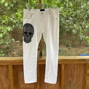 GOLD Men's White Jeans Black Rhinestone Skull Accent Size 40